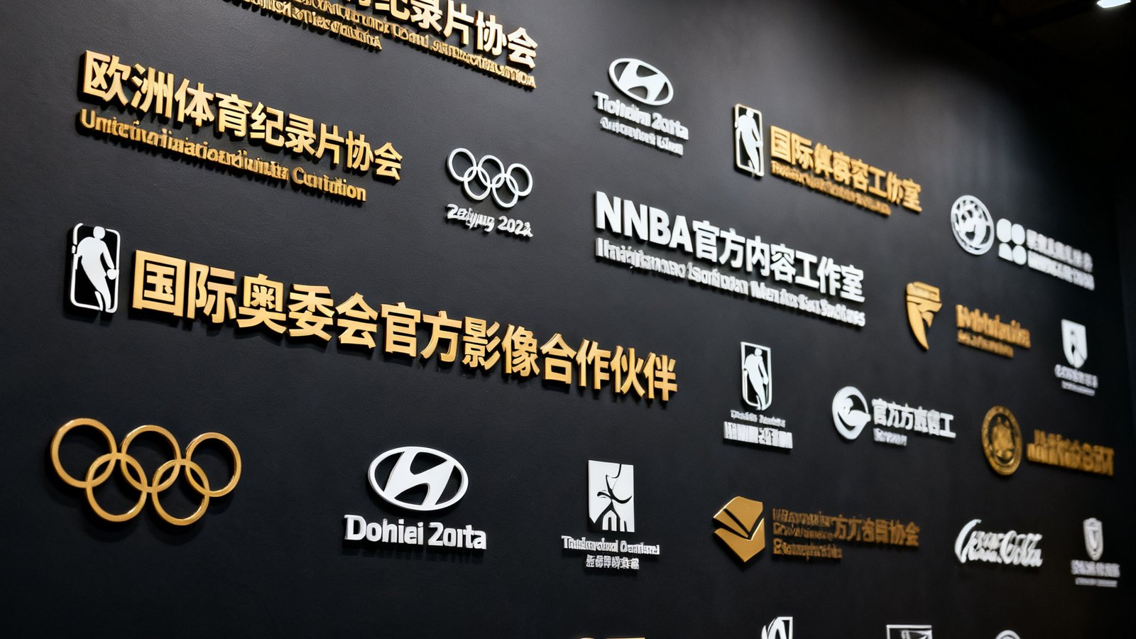 w66来利国际全球合作伙伴品牌墙，在深色背景上排列着欧洲体育纪录片协会、国际奥委会官方影像合作伙伴、NBA官方内容工作室等37家合作机构的标识，采用金色和白色调呈现，体现高端合作的品牌调性