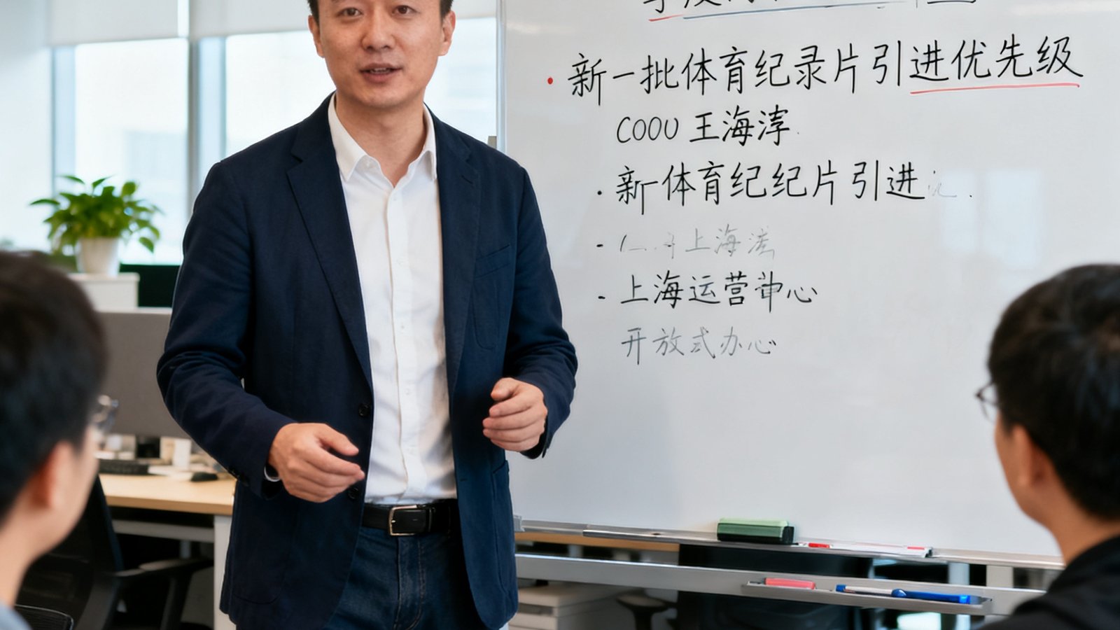 COO王海涛的正面肖像，他站在上海运营中心的开放式办公区内，身后的白板上写满了季度内容排期计划，他正在与团队成员讨论新一批体育纪录片的引进优先级，神情专注